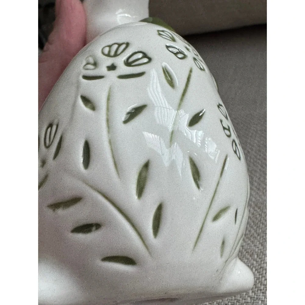 Ceramic Duck Figurine White Green Floral Embossed Cottagecore Decor 6 inch